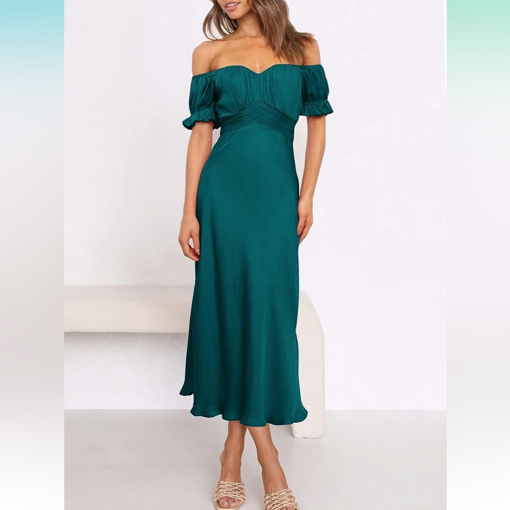 KIRUNDO 2023 Summer Women's Satin Midi Dresses Off Shoulder Wrap Ruched Dress
